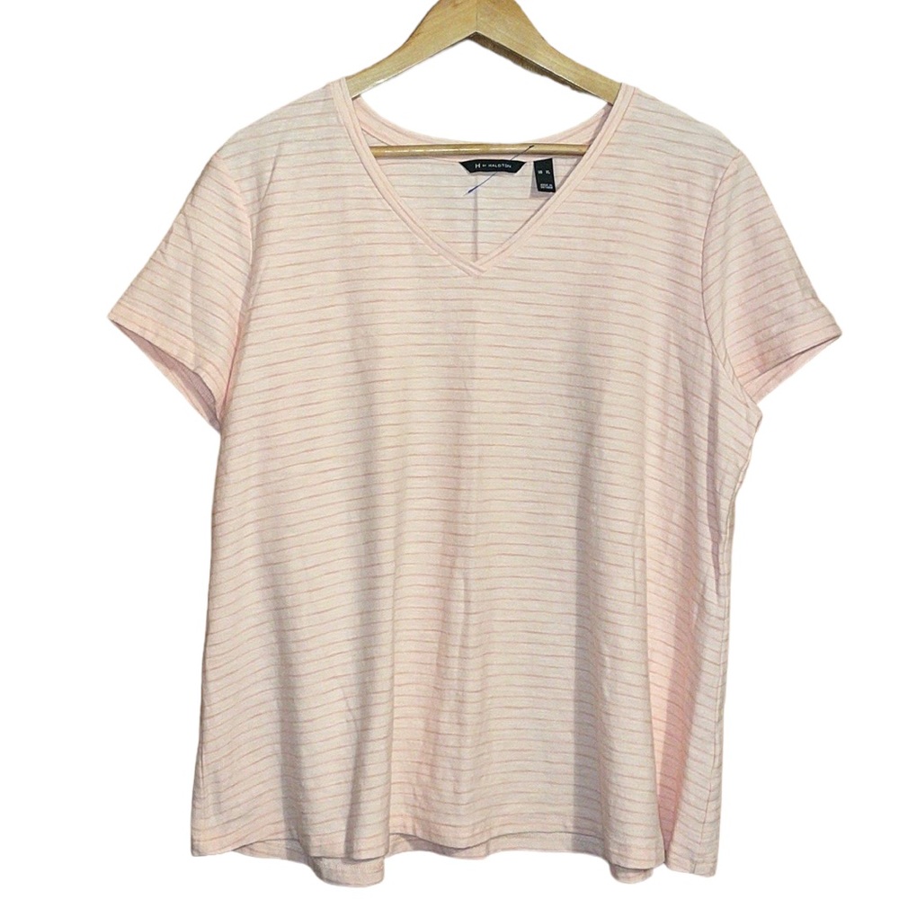 •H BY HALSTON•V NECK STRIPED PINK SHORT SLEEVE TEE SHIRT SIZE XL EUC